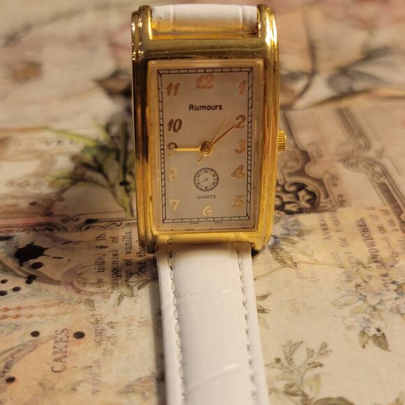 Rumours Gold-Tone Rectangular Quartz Watch White Strap, Vintage Style - Picture 7 of 10